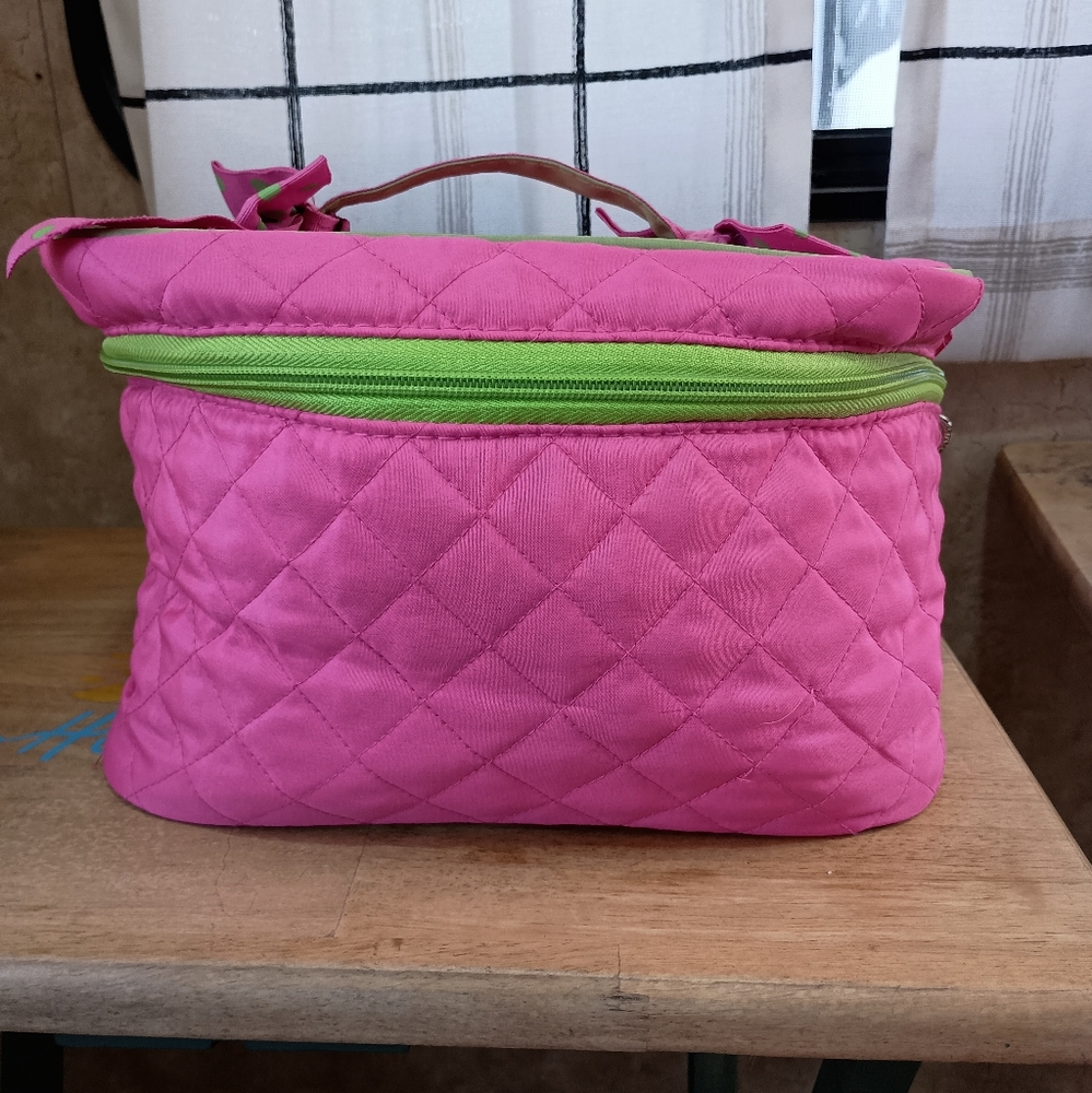 Vivary Cosmetic Pink Quilted Bag with Green Polka Dot Accents Bows
